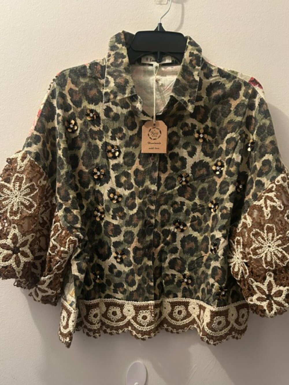 A Rare Bird Leopard Floral Print Crochet Beaded Button Front Garden Jacket NWT - Picture 11 of 16